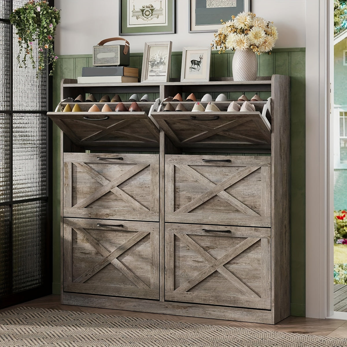 Washed Gray Shoe Storage Cabinet with 6 Flip Drawers | Narrow Freestanding Shoe Cabinet and Shoe Storage Organizer with Metal Handles for Entryway, Large Shoe Rack Organizer, Modern Farmhouse Style, Ideal for Shoe Racks, Made of Particle Board