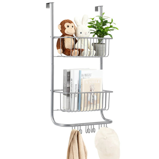 2-Tier Over-the-Door Metal Storage Organizer - Space-Saving Hanging Rack with 2 Baskets, 6 Hooks & Laundry Capacity, Multi-Purpose for Bathroom, Bedroom, 11.8"x5.1"x24.2"