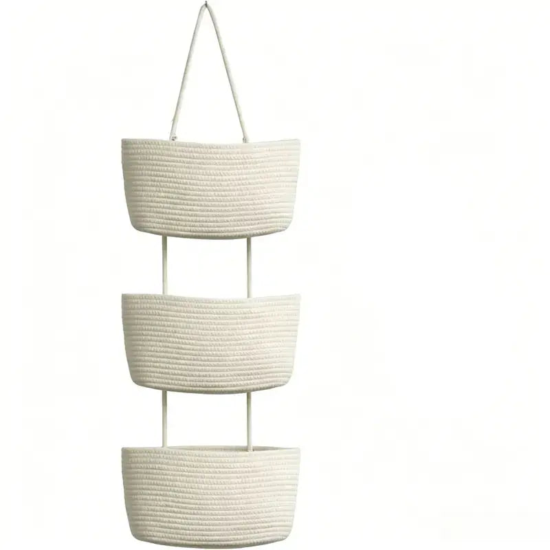 (2026 New)3-Tier Woven Cotton Over-the-Door Hanging Wall Basket, Jute Home Organizer Storage - Woven Cotton Feels Natural, Adds Warm Woven Charm to Any Room, Ideal for Dorm Back-to-School, Baby Wipes & Light Toys Storage, Storage Organizer