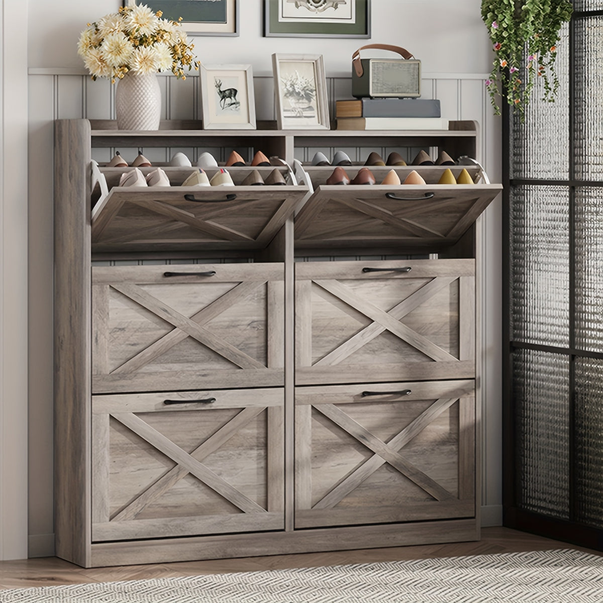 Washed Gray Shoe Storage Cabinet with 6 Flip Drawers | Narrow Freestanding Shoe Cabinet and Shoe Storage Organizer with Metal Handles for Entryway, Large Shoe Rack Organizer, Modern Farmhouse Style, Ideal for Shoe Racks, Made of Particle Board