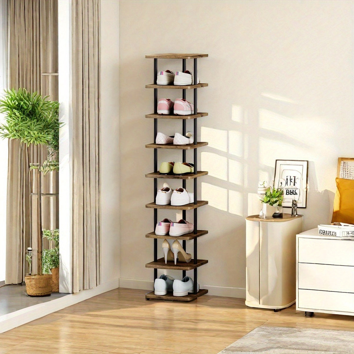 Shoe Rack 9 Tier Vertical Storage Organizer Narrow Metal Slim Shelf Modern Free Standing Shoe Tower Saving Space for Closet Entryway Bedroom
