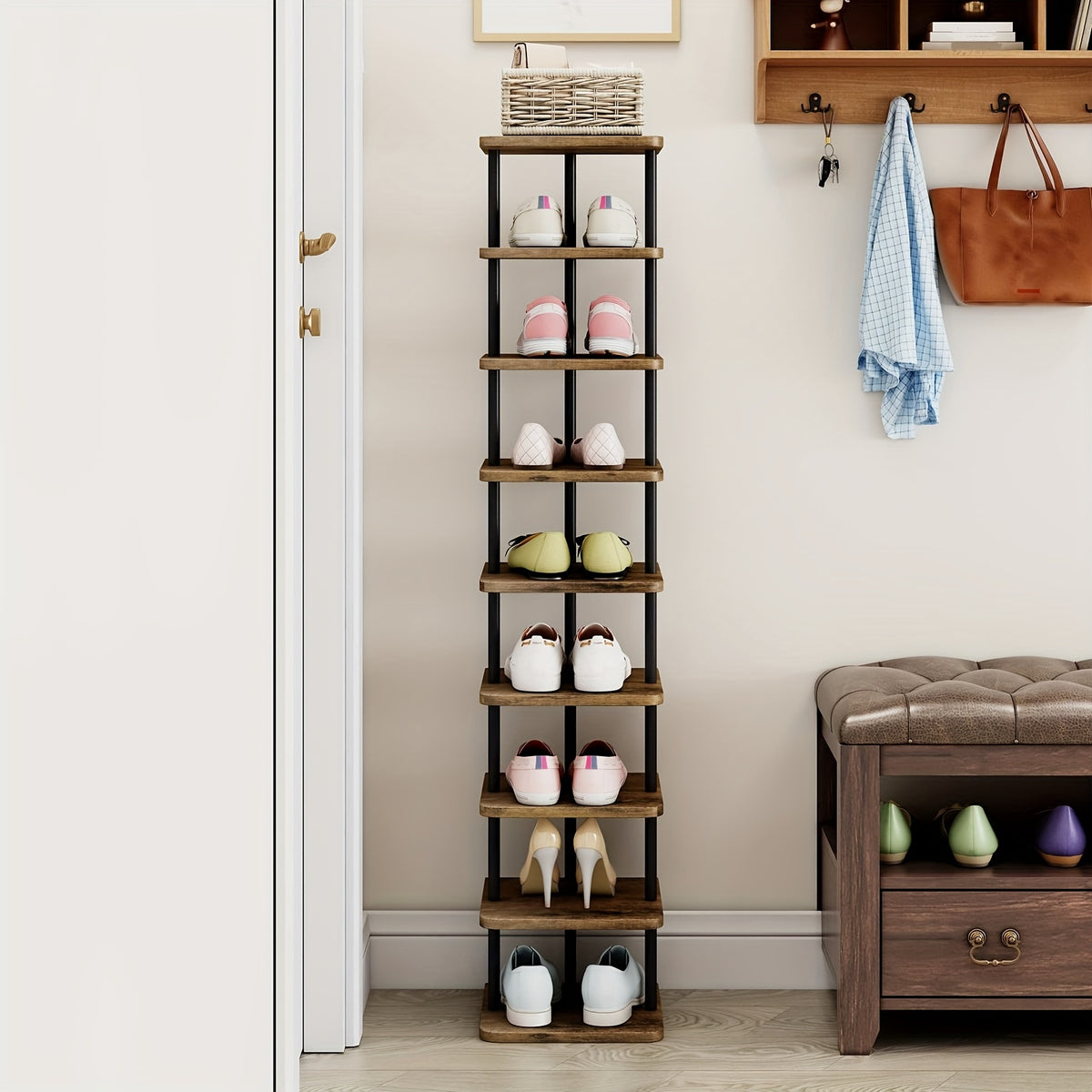 Shoe Rack 9 Tier Vertical Storage Organizer Narrow Metal Slim Shelf Modern Free Standing Shoe Tower Saving Space for Closet Entryway Bedroom