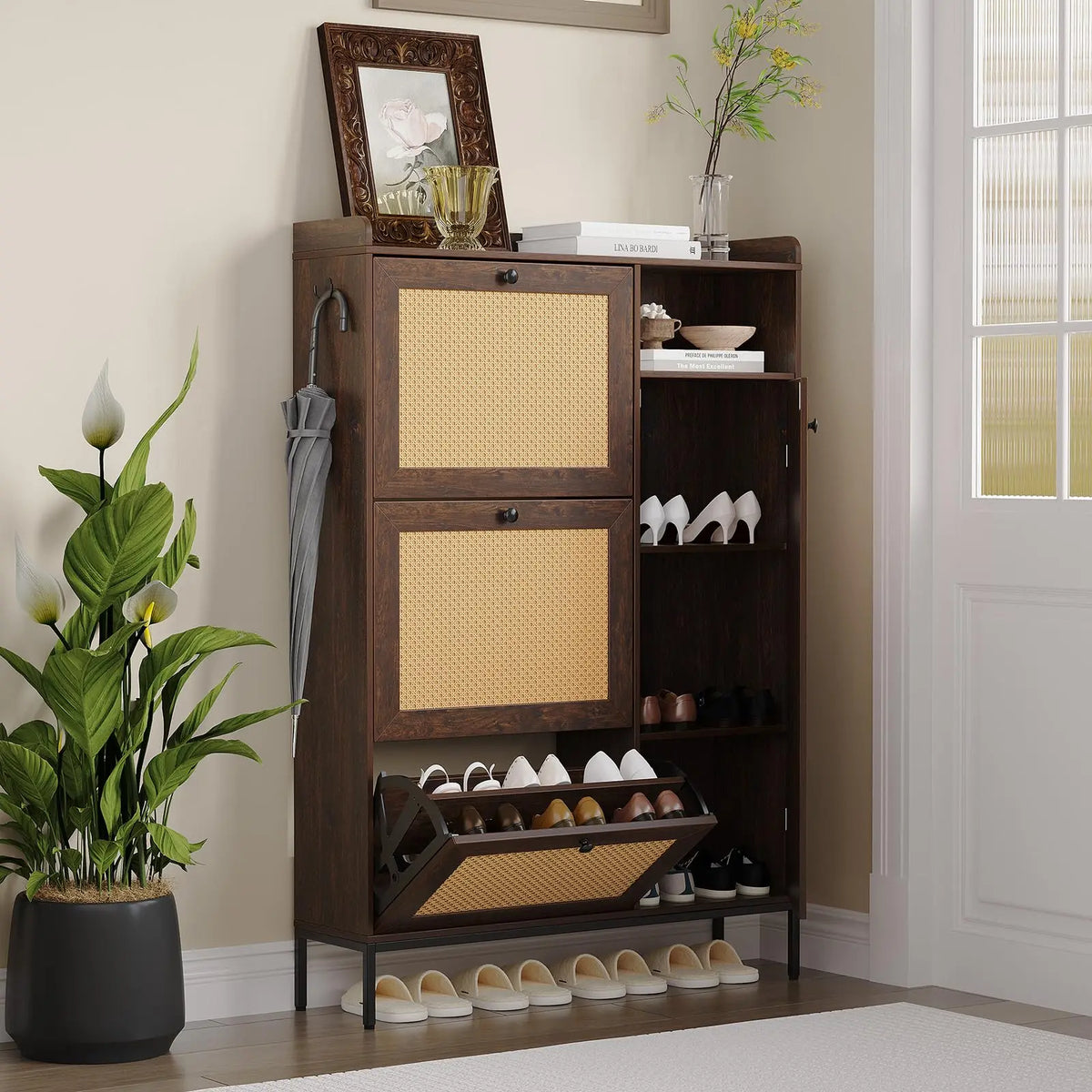 GARVEERattan Shoe Cabinet with 3 Flip-Up Doors and 4 Open Shelves, Natural Woven Storage Organizer for Entryway, Hallway, or Living Room, Holds 18-24 Pairs of Shoes