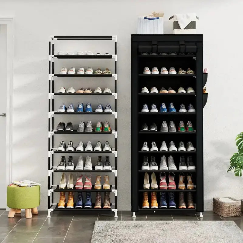 SICANDAENHK 9-Tier Stackable Shoe Rack with Cover - Steel Pipe Rectangle Footwear Storage Solution, Easy Installation Stackable Shoe Organizer, Space-Saving Home Organizer for Entryways, Sneakers, Boots