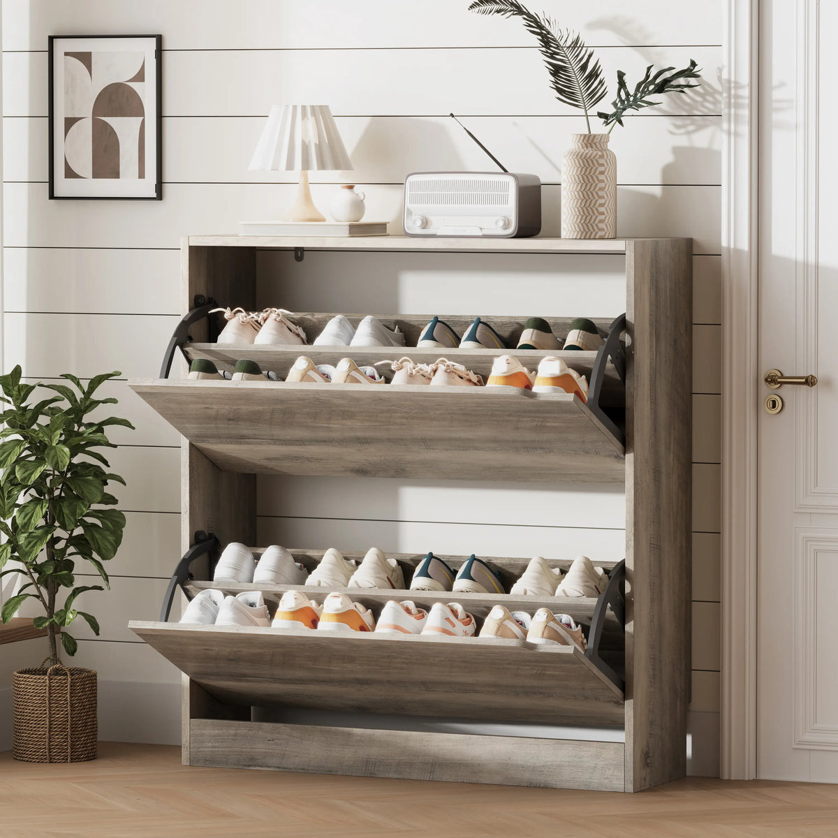 Shoe Storage Cabinet for Entryway with 2 Flip Drawers, Sturdy Wood Hidden Shoe Storage, Freestanding Narrow Slim Shoe Organizer for Front Door Entrance, Living Room, Hallway, Bedroom, Grey Natural Finish fathers day gift ideas