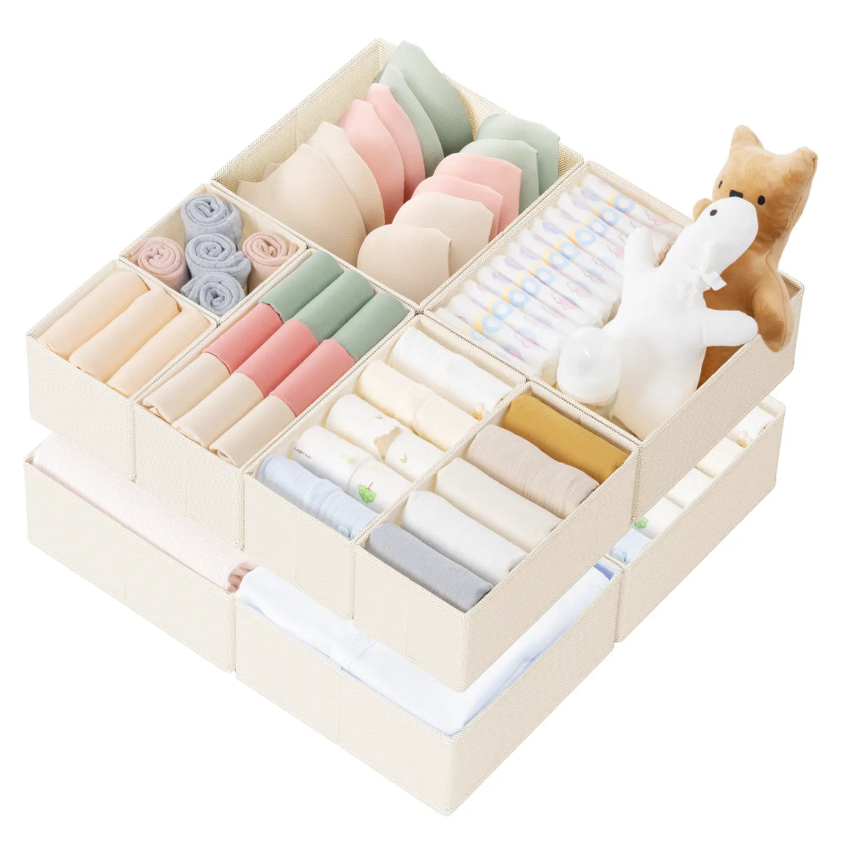Criusia 10-Pack 3 Sizes Fit Drawers Square Non-Woven Organizer Set - Collapsible Storage Boxes, Room Inserts for Clothing, Baby Nursery, Bedroom Drawers Stay Tidy (White)