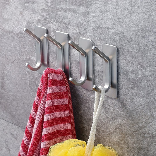 2/4pcs, No Drilling Required, Adhesive Hook, Clothes, Towels, Bath Towels, Bathrobes, Hats, Keys, Hooks, Bathroom, Toilet, Bedroom, Dormitory, Kitchen, Garage Storage Hooks, High Quality Stainless Stee