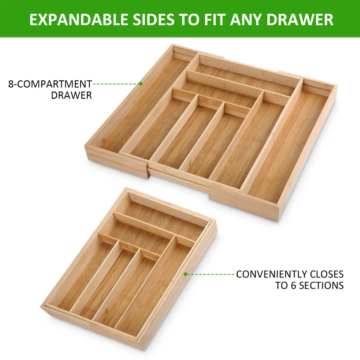 Bamboo Expandable Drawer Organizer with Dividers - Natural Finish Cutlery Tray, Space-Saving Adjustable Home Organizer for Silverware Storage, Elegant Warm Bamboo Kitchen Accessory