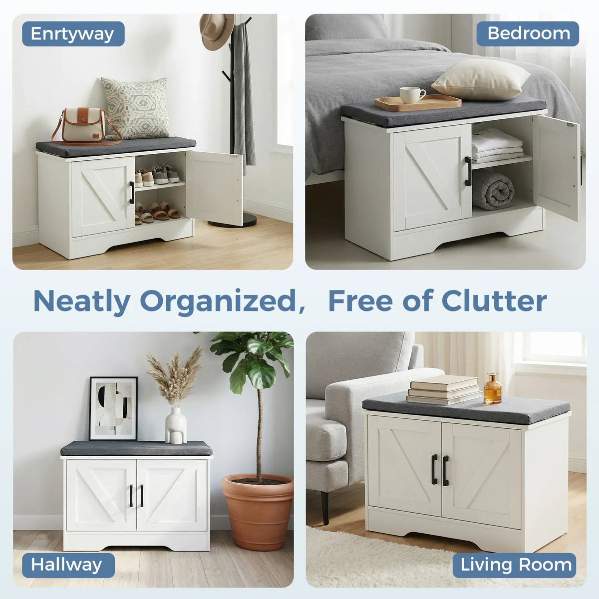Sweetcrispy White Shoe Storage Organizer Bench with Padded Seat Cushion, Large Capacity Entryway Cabinet with 4 Barn Doors, Versatile Indoor Furniture for Hallway, Living Room, Bedroom