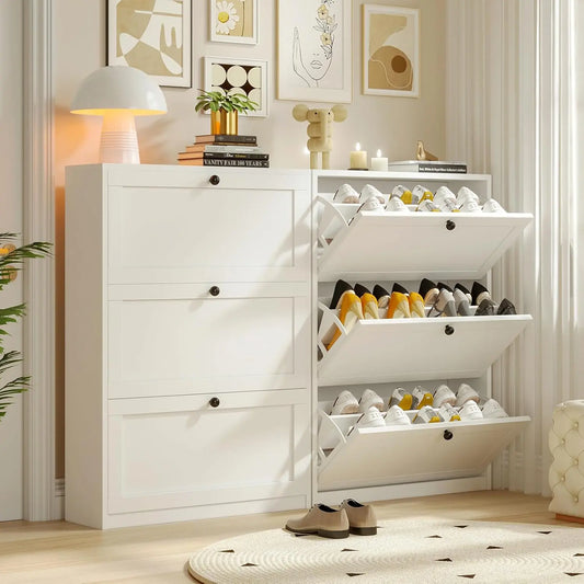 VOWNER Minimalist MDF Wood Shoe Rack Organizer - Freestanding Single Unit Slim Vertical Home Decor Furniture with 3 Flip Drawers, Adjustable Shelves, Anti-Tipping Device, Assembly Required (31.5"w x 9.4"d x 45.9"h) for Entryway (Safe for Children)