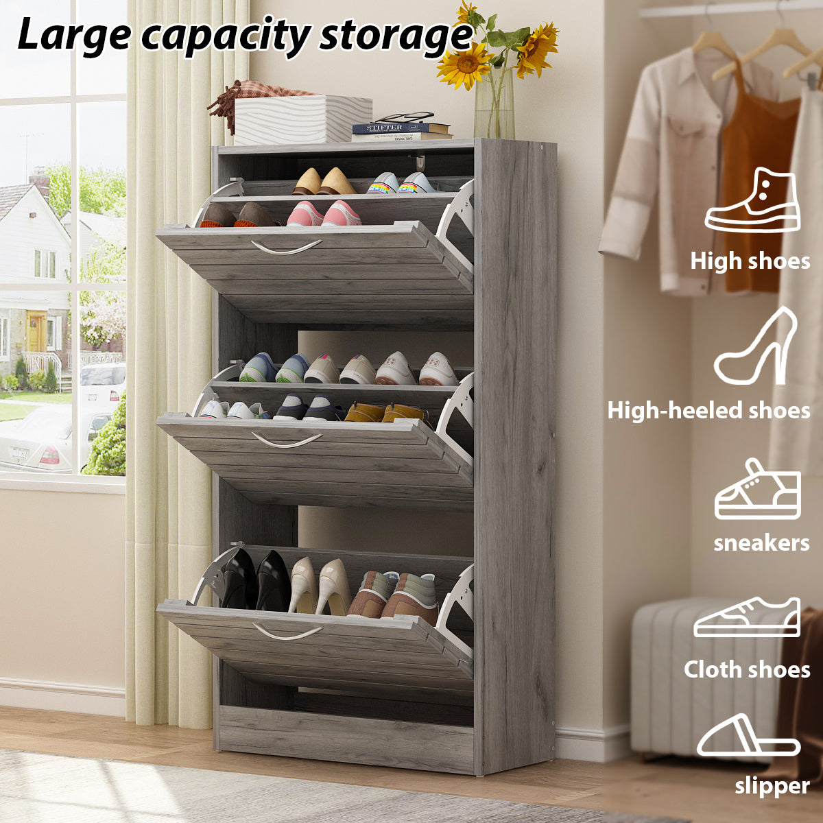 Modern 3-Tier Shoe Storage Cabinet with 3 Flip-Down Drawers & Ventilated Louver Doors - Hardwood MDF Entryway Organizer, Space-Saving Design for Hallway, Living Room, Bedroom - Easy Assembly, Large Capacity Shoe Rack, Shoe Storage Box, Hallway Organizer,