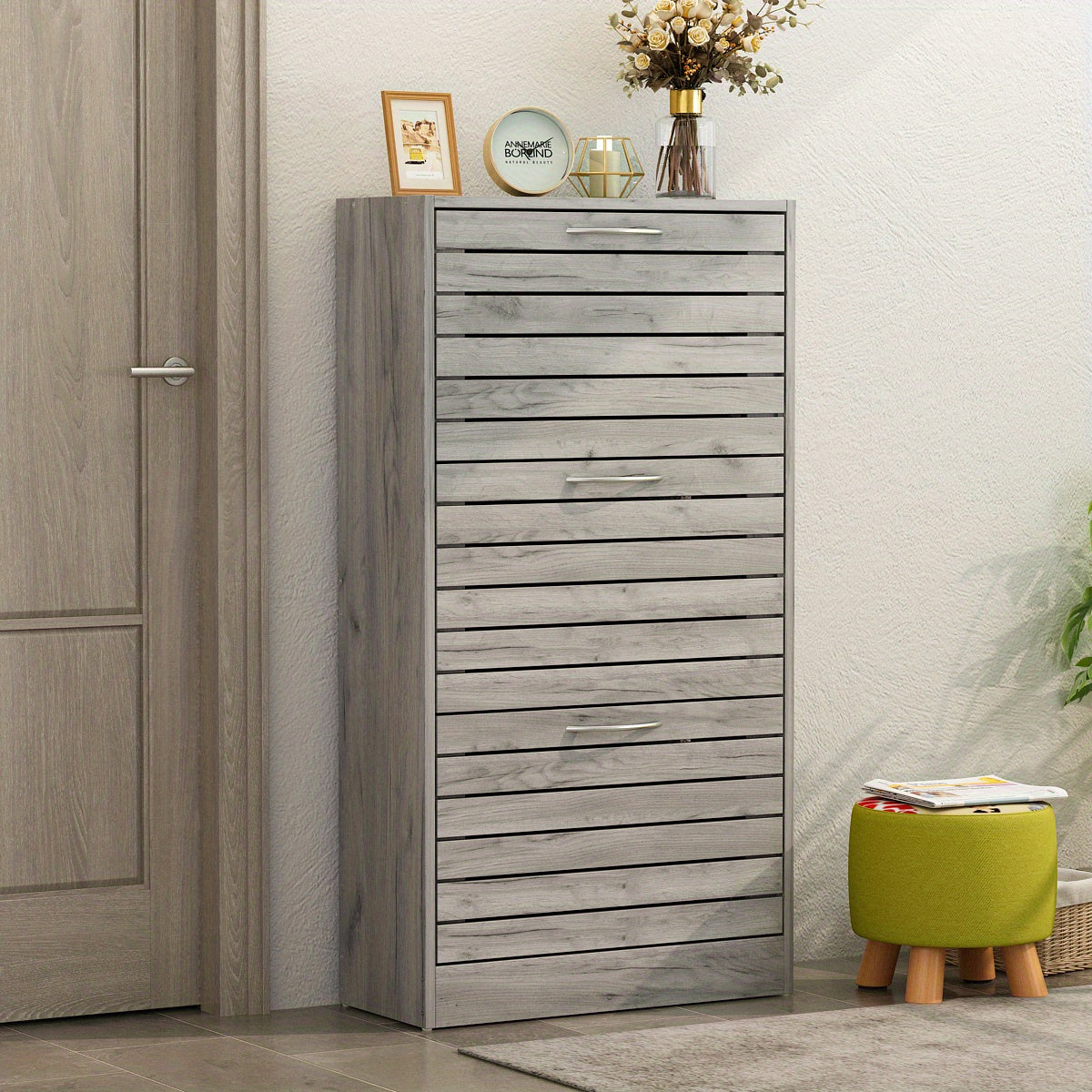 Modern 3-Tier Shoe Storage Cabinet with 3 Flip-Down Drawers & Ventilated Louver Doors - Hardwood MDF Entryway Organizer, Space-Saving Design for Hallway, Living Room, Bedroom - Easy Assembly, Large Capacity Shoe Rack, Shoe Storage Box, Hallway Organizer,