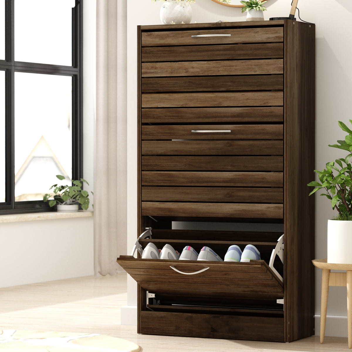 Modern 3-Tier Shoe Storage Cabinet with 3 Flip-Down Drawers & Ventilated Louver Doors - Hardwood MDF Entryway Organizer, Space-Saving Design for Hallway, Living Room, Bedroom - Easy Assembly, Large Capacity Shoe Rack, Shoe Storage Box, Hallway Organizer,