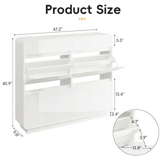 Modern High Glossy Shoe Cabinet with Large Flip Drawers & Top Storage Drawers with Adjustable Shelves, Shoe Storage Cabinet for Entryway, Hallway, Front Door, Apts White/Black