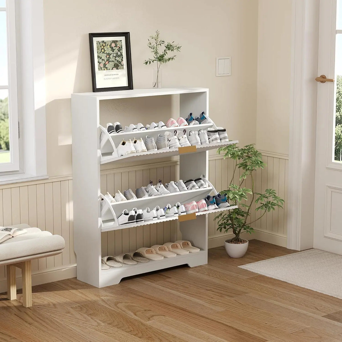 Slim Fluted Shoe Storage Cabinet, 2 Flip Drawers Shoe Rack Cabinet with Open Storage, Wooden Hidden Shoe Organizer Freestanding Narrow for Hallway, Entrance & Foyer