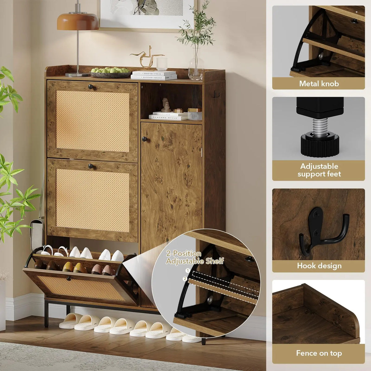 GARVEERattan Shoe Cabinet with 3 Flip-Up Doors and 4 Open Shelves, Natural Woven Storage Organizer for Entryway, Hallway, or Living Room, Holds 18-24 Pairs of Shoes