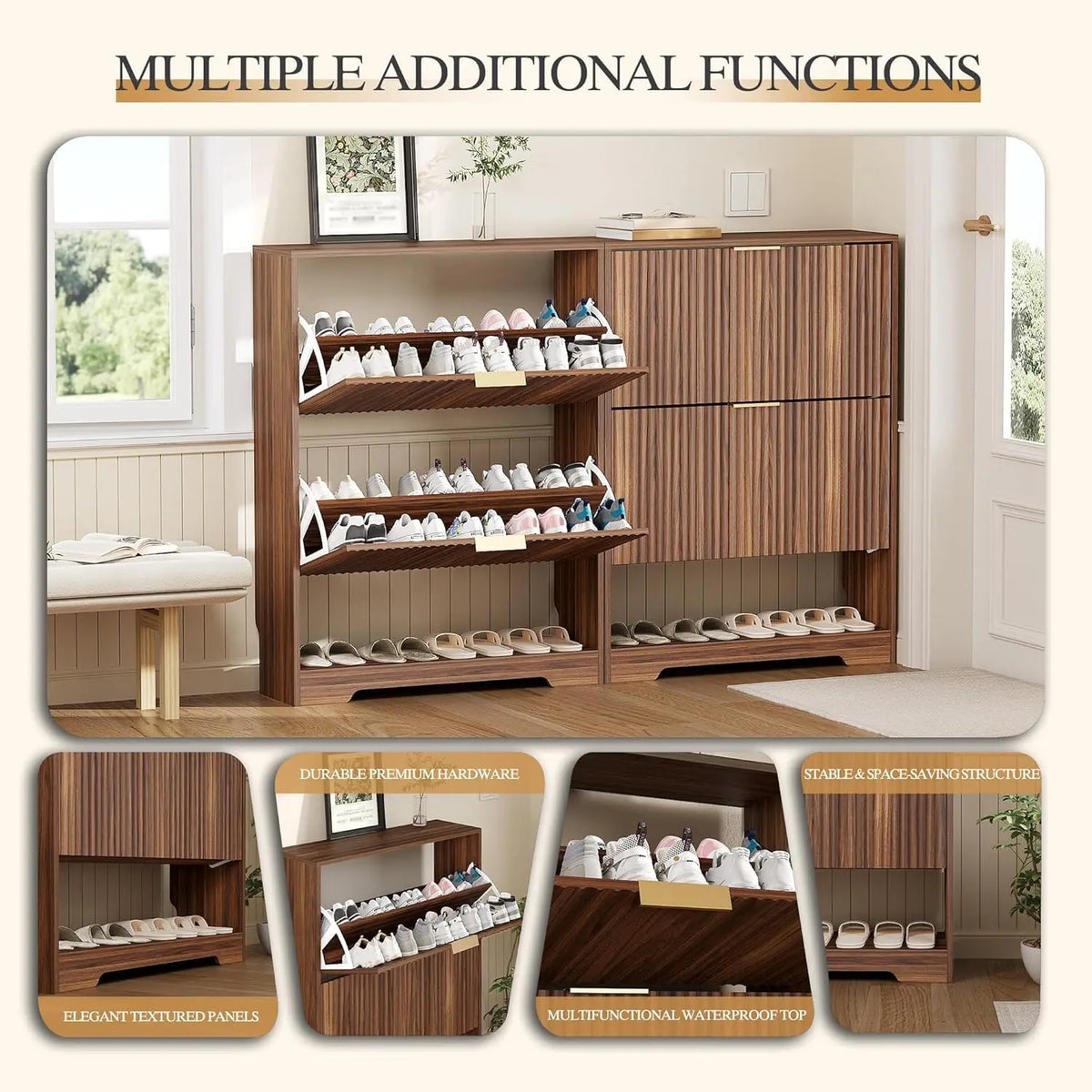 Slim Fluted Shoe Storage Cabinet, 2 Flip Drawers Shoe Rack Cabinet with Open Storage, Wooden Hidden Shoe Organizer Freestanding Narrow for Hallway, Entrance & Foyer
