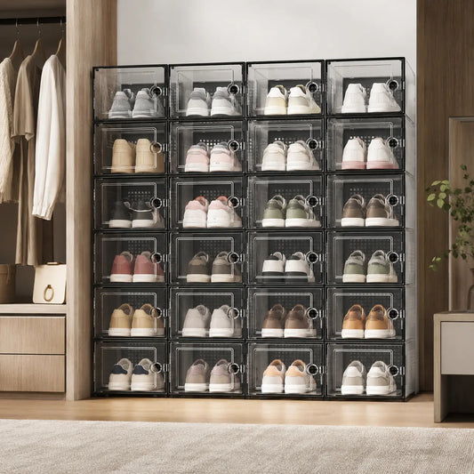 Stackable Plastic Shoe Storage Boxes with Front Flip-Top Design, Black/White Frame, Dustproof Sneaker Display