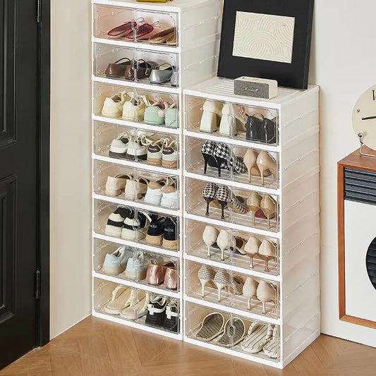 MiAoLi 10-Layer Folding Shoe Rack Organizer, Magnetic Transparent Door Plastic Shoe Cabinet with Quick Magnetic Close & Door Snap, Stackable, 20-Pair Capacity, Sturdy, No-Installation, Simple Design, Space-Saving, Indoor Furniture (TikTok Shop)