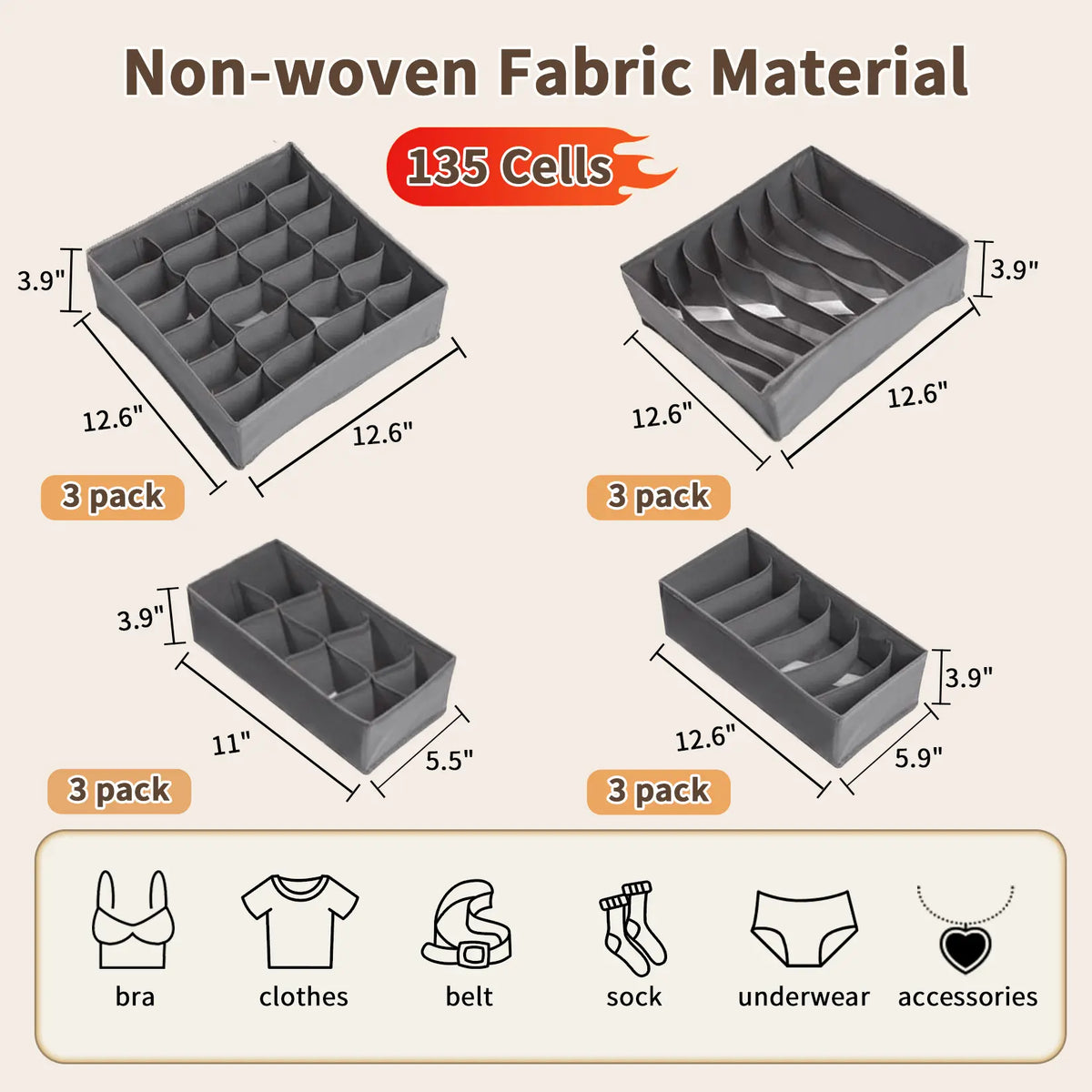 12-Pack Underwear Drawer Organizers, 116-Cell Dresser Drawer Divider Bins for Baby Clothes, Underwear, Bra & Sock, Foldable Fabric Closet Organizer for Bedroom, Nursery, Grey