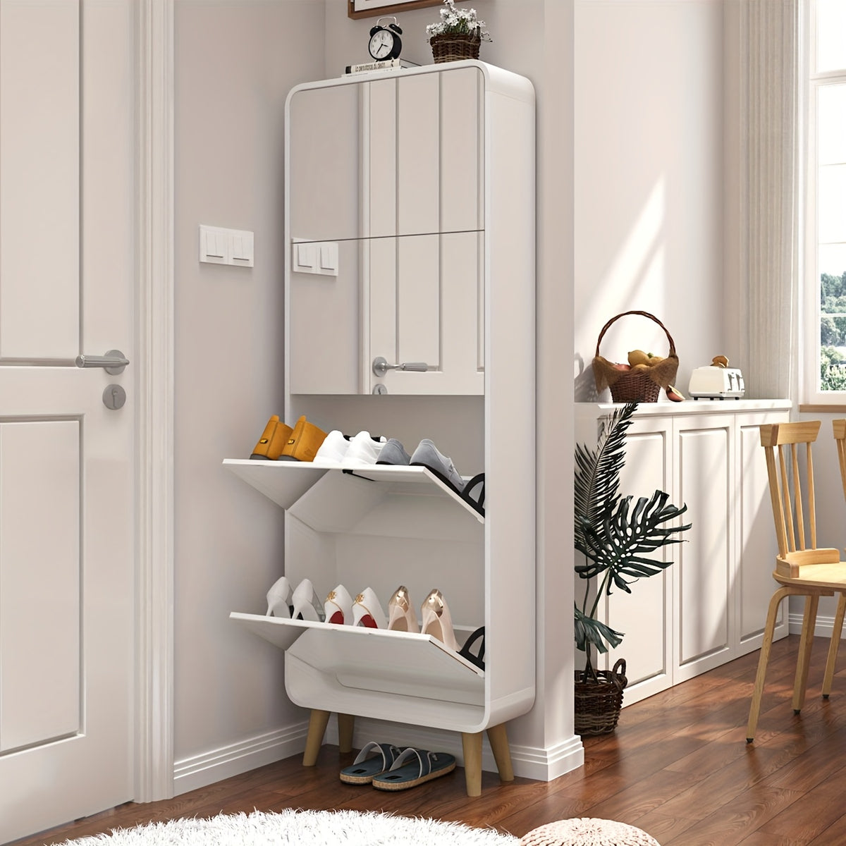 Organizedlife Declutter Your Entryway! 4-Drawer Mirrored Shoe Cabinet, Space-Saving Narrow Organizer with Flip Lids & Wood Legs, Hidden Storage for Up to 16 Pairs Of Shoes, Modern White Finish