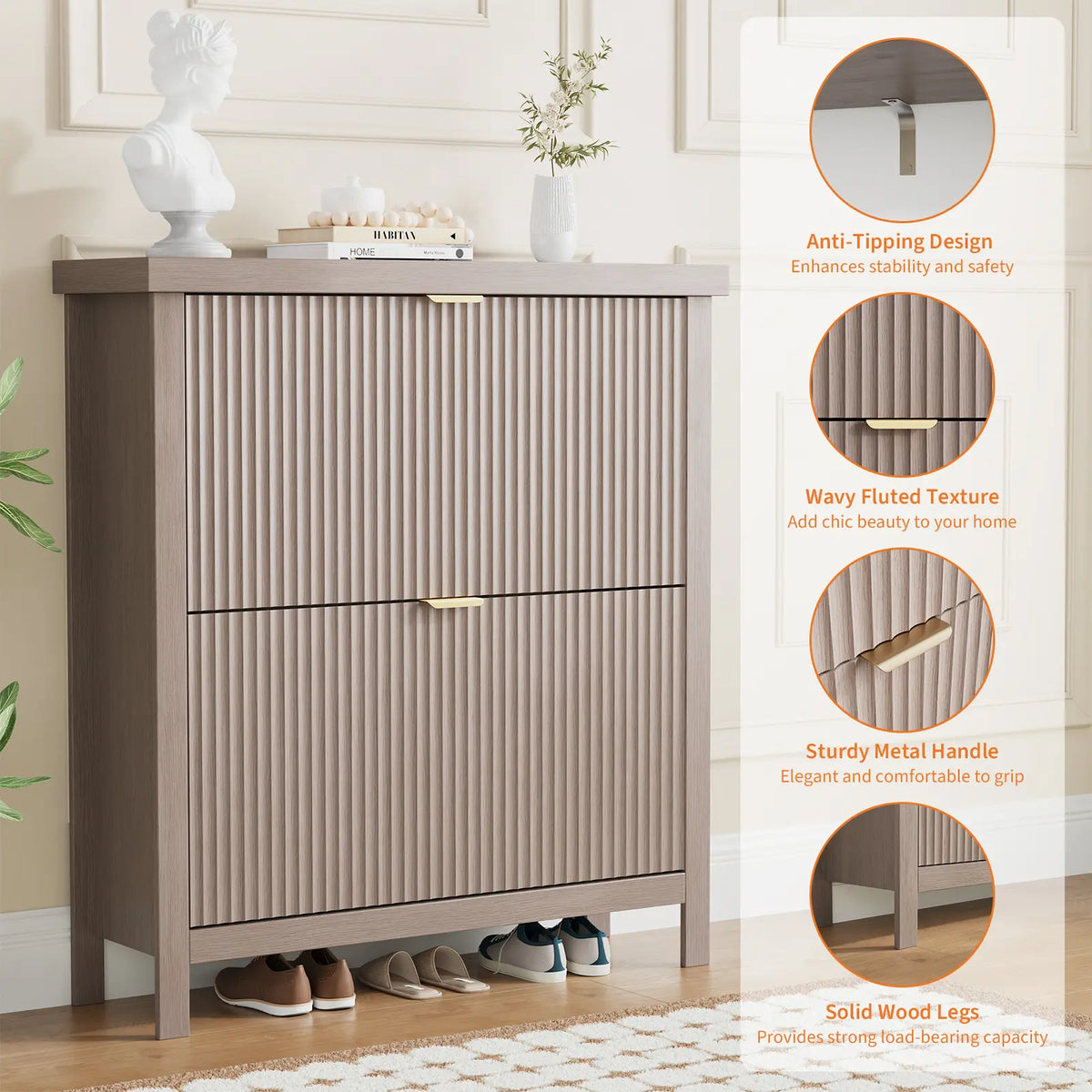 GARVEE 32.3" Narrow Wooden Shoe Storage Cabinet with 2 Flip Drawers - Slim Hidden Shoe Rack Organizer, Wall-Mount Option, Sturdy Base, Tilt-Out Design for Entryway, Small Spaces, Metal