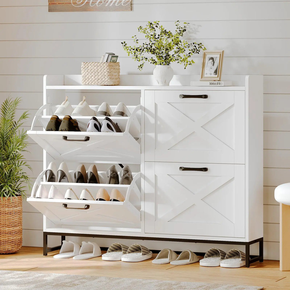 VOWNER 47.2" Farmhouse Shoe Storage Cabinet, 4 Flip Drawers for 24-32 Pairs, Narrow Hidden Shoe Rack With Metal Legs, Freestanding Wooden Shoe Organizer, For Entryway, Hallway or Living room