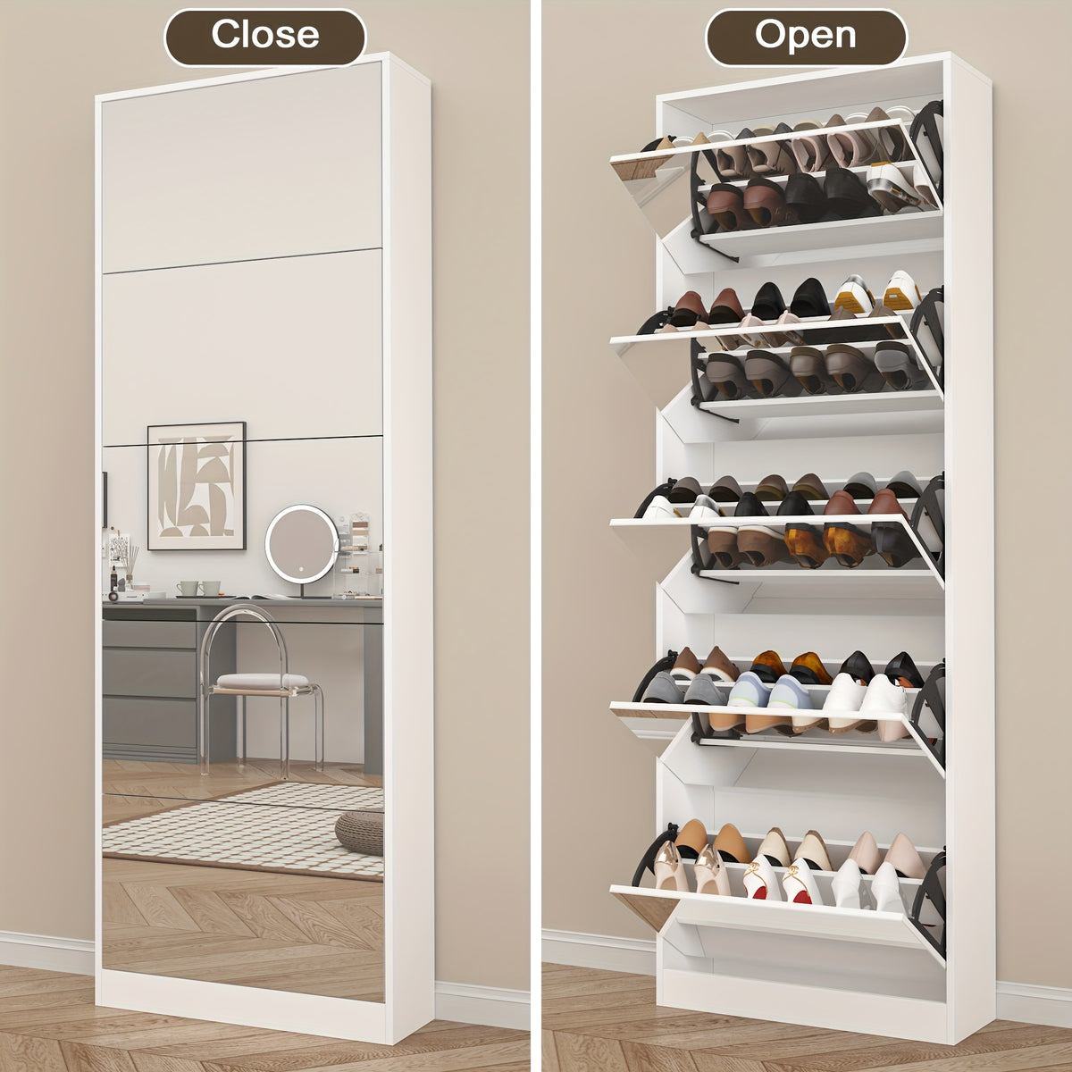 Organizedlife Large Capacity Shoe Cabinet with Full Length Mirror, 5 Flip Drawer Shoe Storage Cabinet, Wooden 2-Tier Shoe Rack Organizer Holds 13-30 Pairs, Slim Tipping Bucket Shoe Cabinet for Entryway, Hallway, Foyer