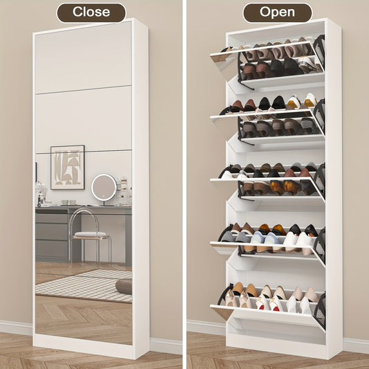 Organizedlife Large Capacity Shoe Cabinet with Full Length Mirror, 5 Flip Drawer Shoe Storage Cabinet, Wooden 2-Tier Shoe Rack Organizer Holds 13-30 Pairs, Slim Tipping Bucket Shoe Cabinet for Entryway, Hallway, Foyer