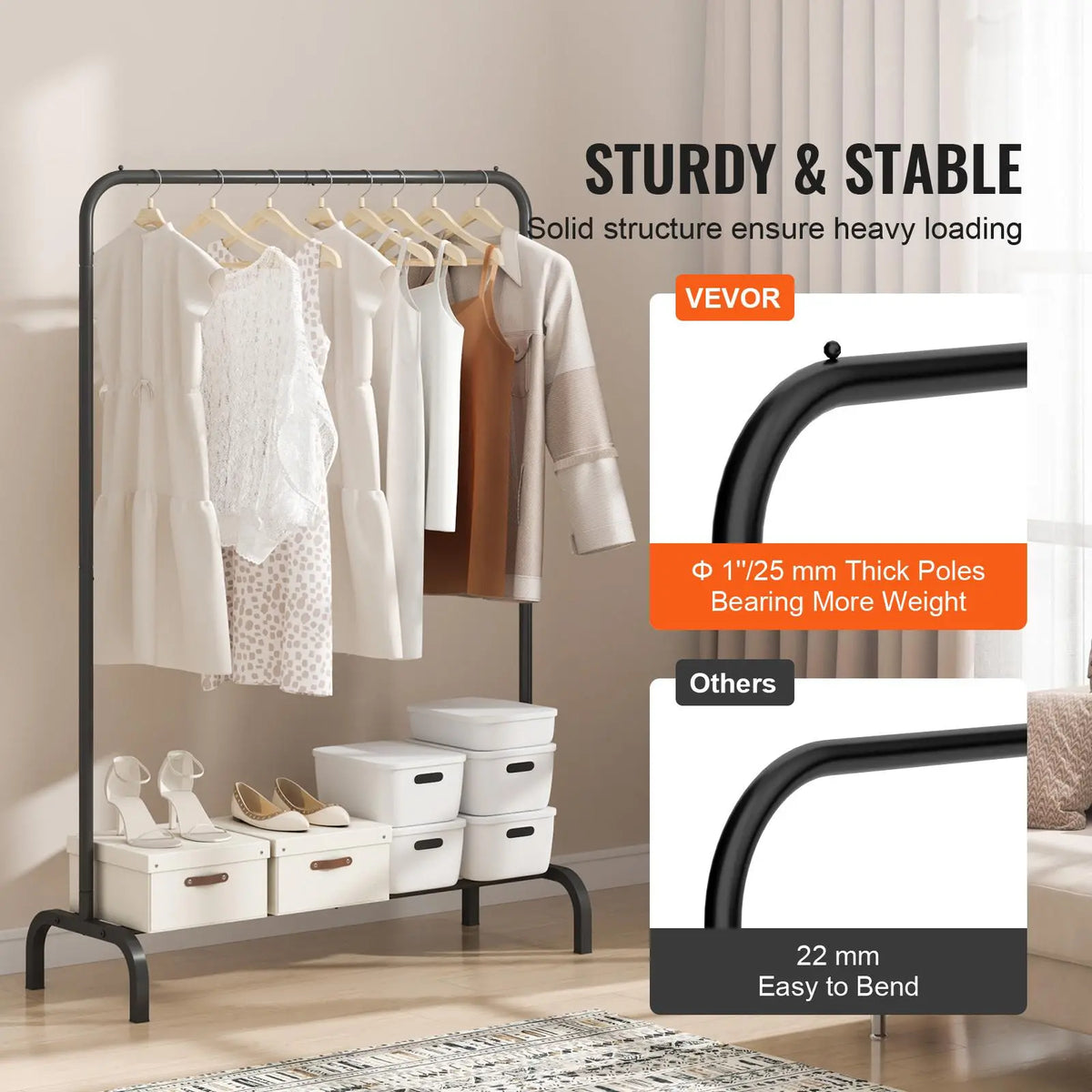 VEVOR Heavy Duty Carbon Steel Clothes Rack, Wardrobe Organizer with Hanging Rod & Bottom Storage Shelf, Stable U-Base Resists Wobbling Wobble-Free Garment Rack for Bedroom Laundry Room