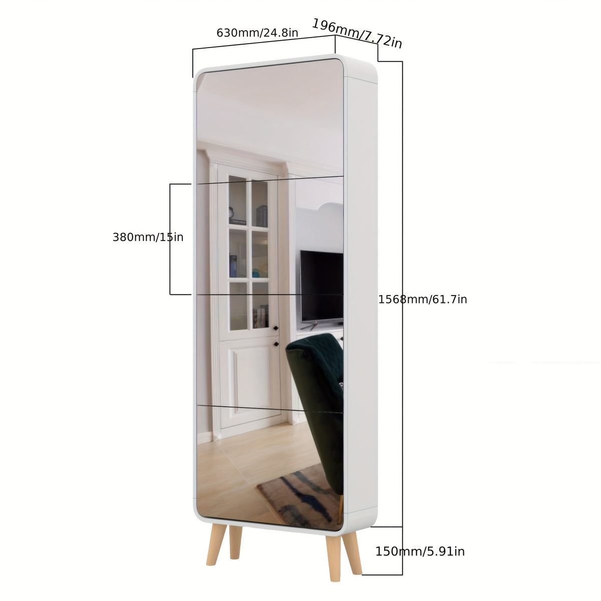 Organizedlife Declutter Your Entryway! 4-Drawer Mirrored Shoe Cabinet, Space-Saving Narrow Organizer with Flip Lids & Wood Legs, Hidden Storage for Up to 16 Pairs Of Shoes, Modern White Finish