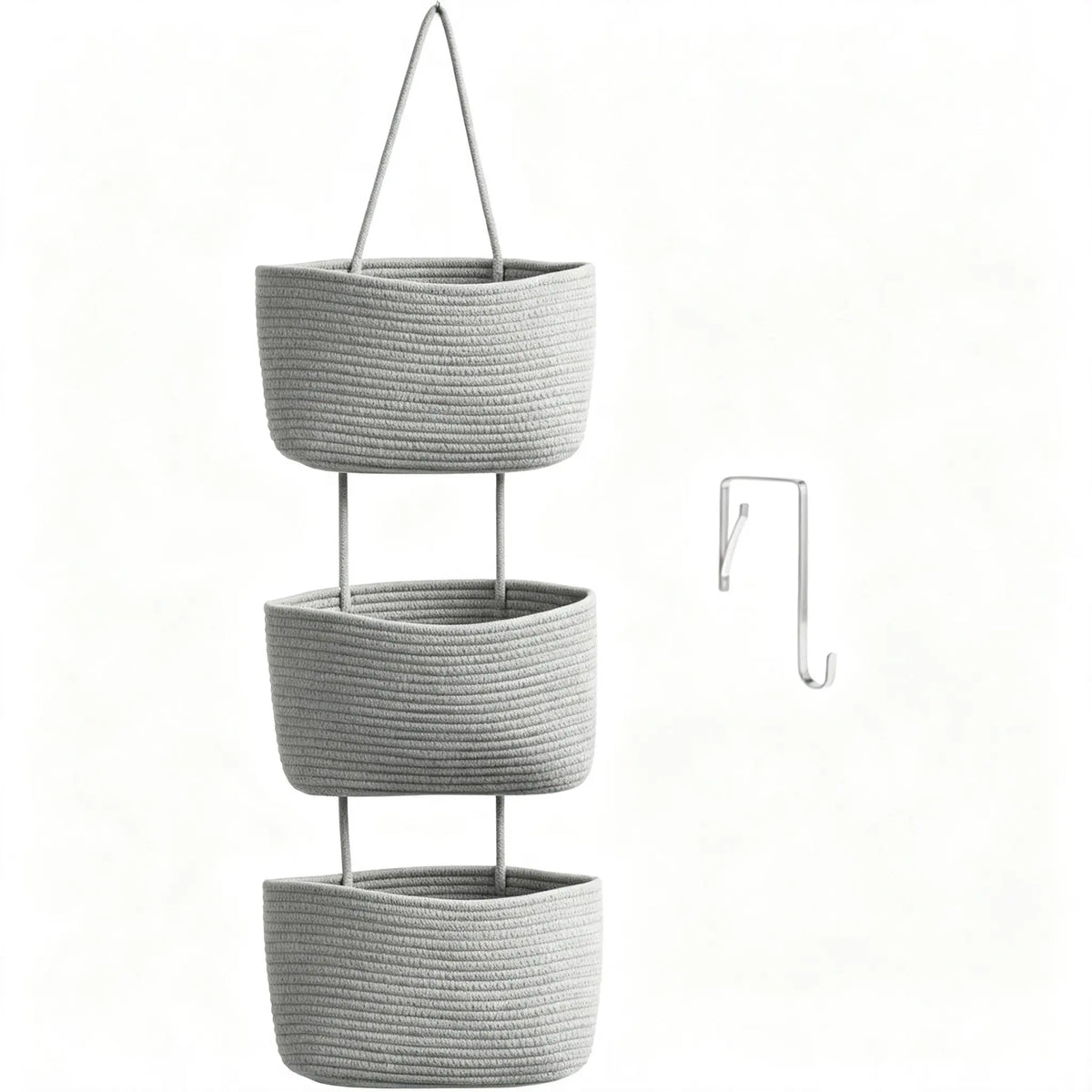 Woven Cotton 3-Tier Over-The-Door Wall-Mountable Storage Basket with Handles - 11in Home Accessory for Beauty & Daily Necessities Room Storage, French Country Organizer