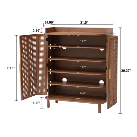 Giratree Shoe Cabinet, 5 Tier Boho Wooden Shoe Storage Organizer Cabinet with Adjustable Shelves, Shoes Rack with Iron Rattan Curved Doors Accent Cabinet for Entryway Hallway Living Room