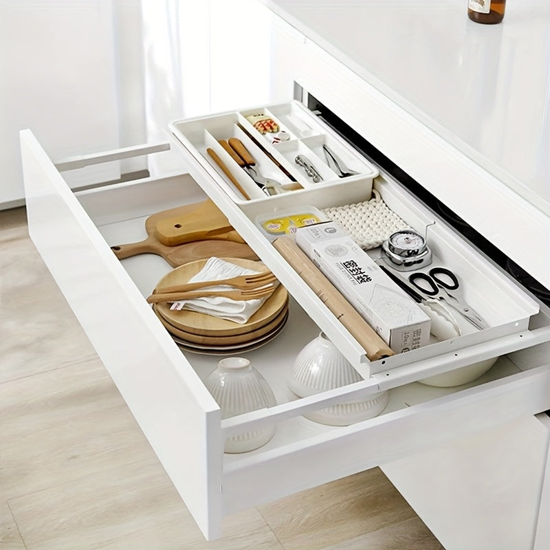 Adjustable Drawer Divider, Expandable Pull-Out Basket for Kitchen Utensil Storage, Thin Cabinet Organizer with Upper and Lower Tiers