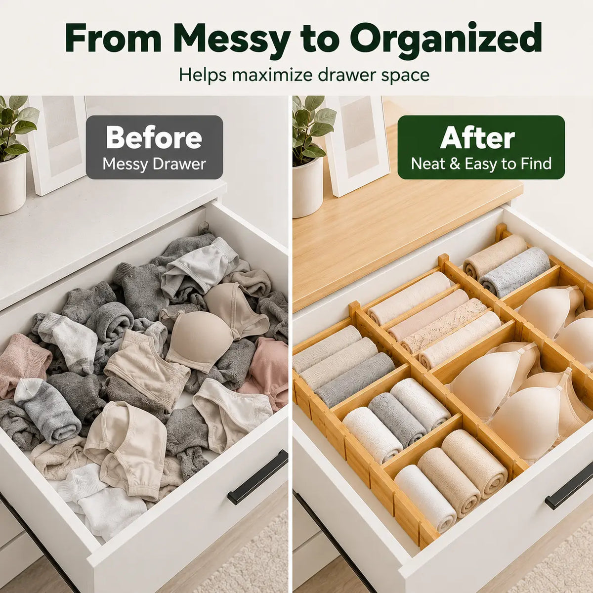 Bamboo Drawer Dividers - Adjustable, Expandable, Customizable Size Organizer Set (4 Dividers + 9 Inserts) - Space-Saving Beauty Bedroom Vanity Organization Home Storage Holder for Closet Drawers, Closet Storage