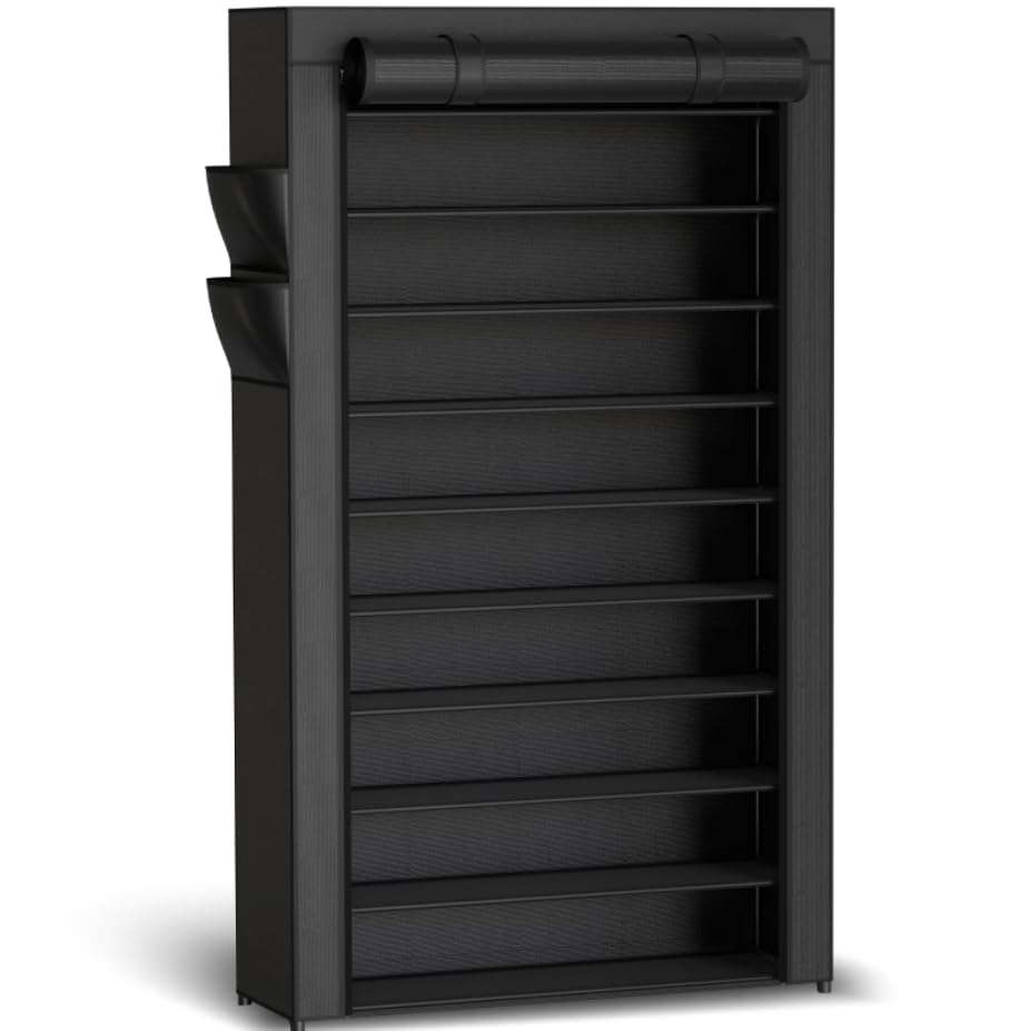 Kitsure 10-Tier Shoe Rack with Cover, Vertical Shelf, 17.5" Wide, Black