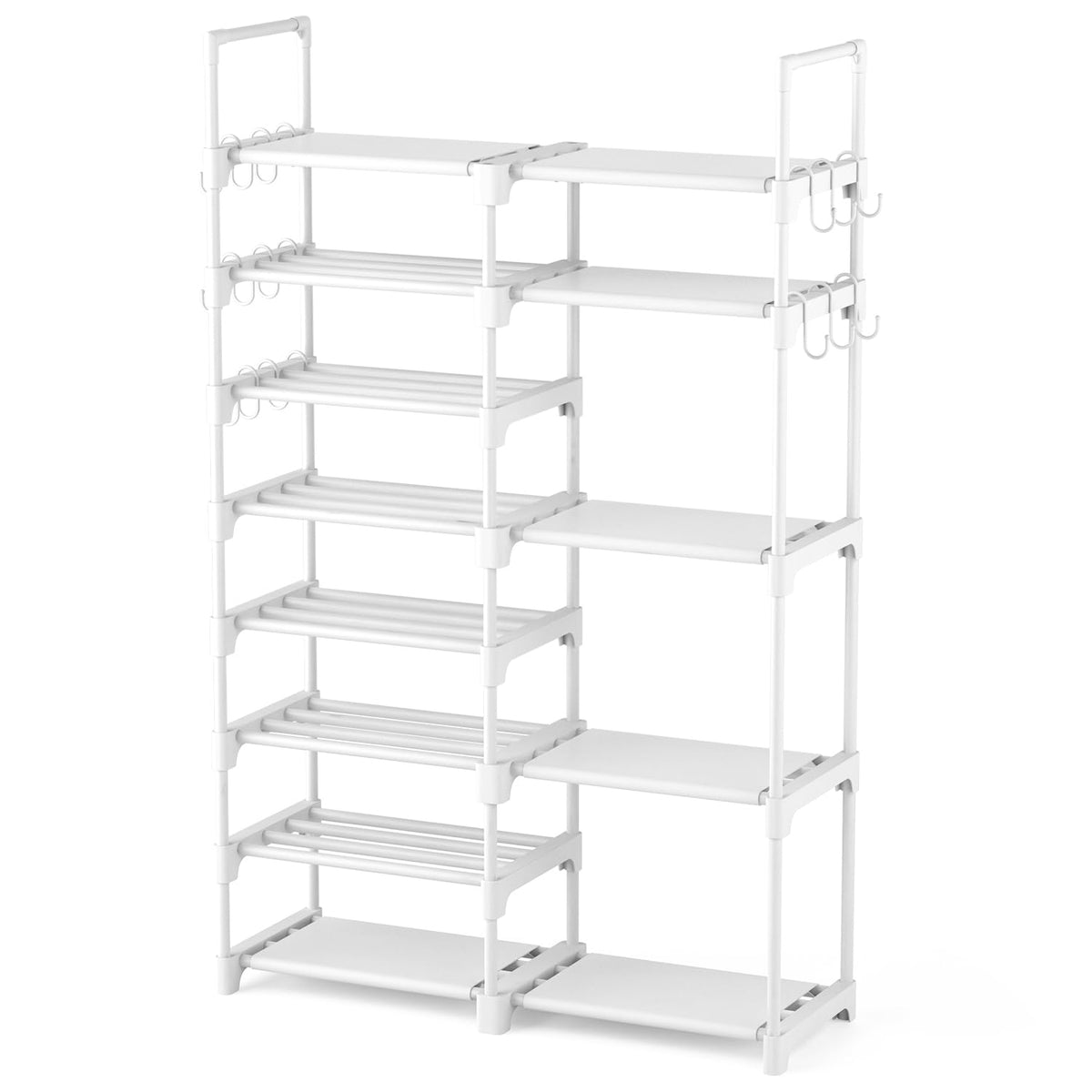 ROJASOP Shoe Rack Organizer, 8-Tier Metal Shoe Rack for Closet Entryway Garage, 26-32 Pairs Tall Shoe Boot Storage Shelf with 15 Hooks, Stackable Large Shoe Stand