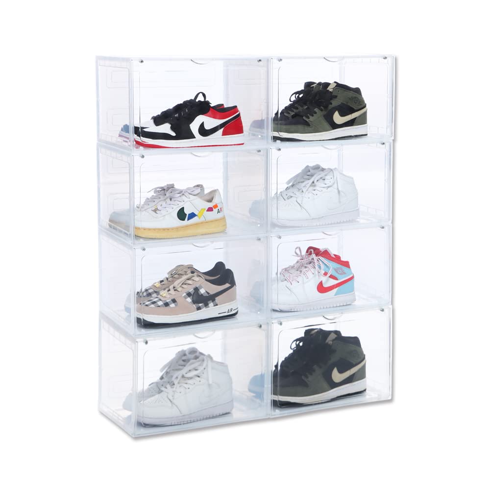 XL clear shoe storage boxes stackable, 8 Pack Large Shoe Boxes Clear Plastic Stackable, Drop side Sneaker Container Fit Size 13 (Black 8 Pack)