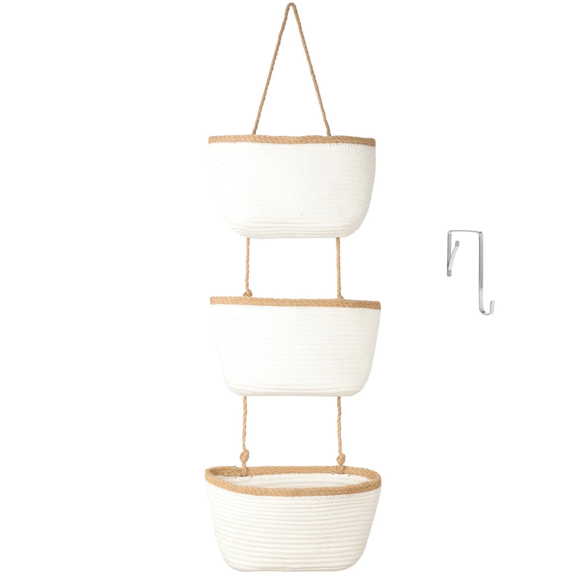 TeoKJ Over the Door Hanging Basket, 3-Tier Woven Cotton Wall-Mounted Storage Organizer Bag Decorative Hanging Nursery Baskets, Jute