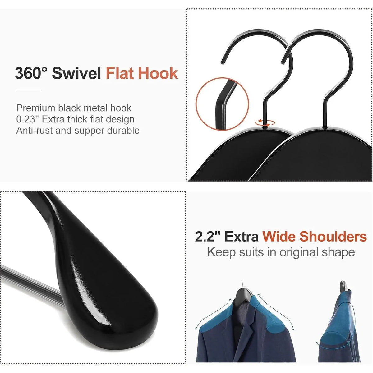 Black Wooden Coat Hanger 6 Pack, Wide Shoulder Wood Suit Hangers with Extra-Thick Flat Hooks & Anti-Slip Pants Bar, Heavy Duty Clothes Hangers,Glossy Finish, Black-CT02H