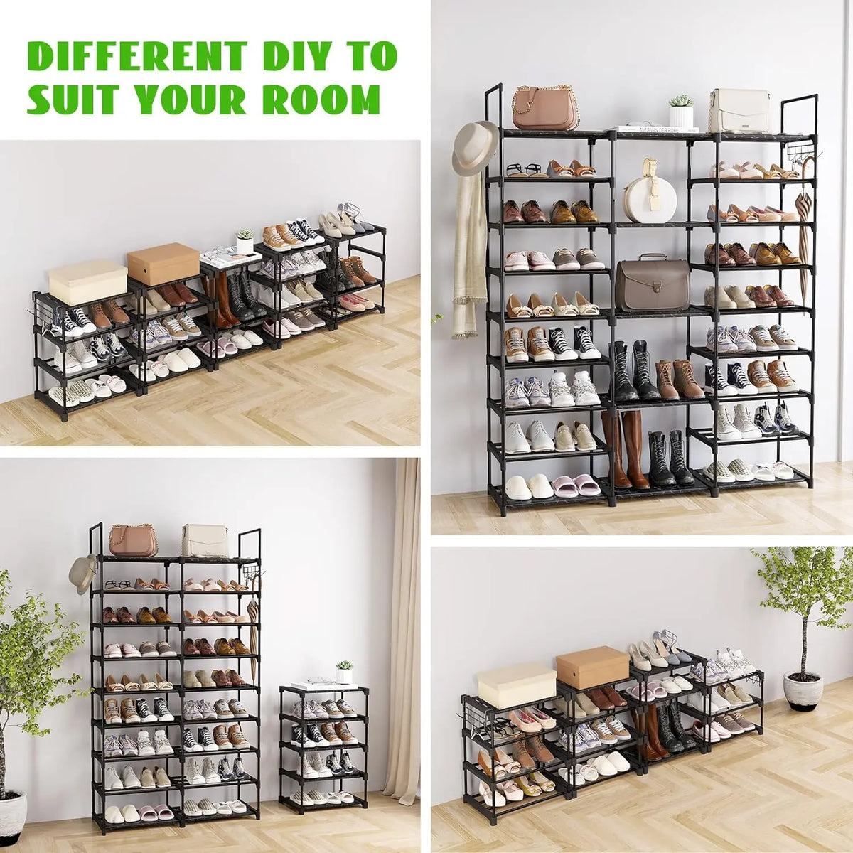 MOMOK 9 Tiers Shoe Rack Organizer, Max Holds 55 Pairs, Metal Shoe Storage, Shelf with Hooks for Entryway, Garage, Black Footwear Organization Closet Shoe Rack