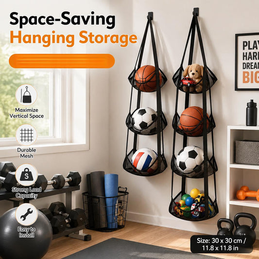 1pc 3-Tier 83Cm/32.7In Or 1pc 4-Tier 110Cm/43.3In Foldable Multi-Layer Hanging Ball Storage Basket, 30X30Cm/11.8X11.8In Mesh Doorway Storage Bag for Basketballs, Towels, Closet & Garage Organization, Shelf Baskets