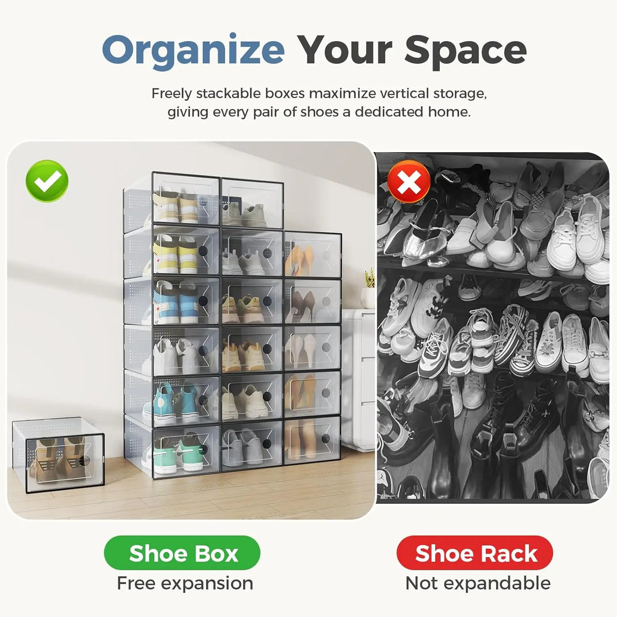 Sweetcrispy 12-Pack High-Grade PE Plastic Configurable Shoe Storage Boxes - Stackable, High-Capacity Closet Organizers with Lids, Easy-Clean Plastic Surface, Breathable Airflow Keeps Fresh, Great for Entryway Shoe Sorting, Wedges, Flip-Flops