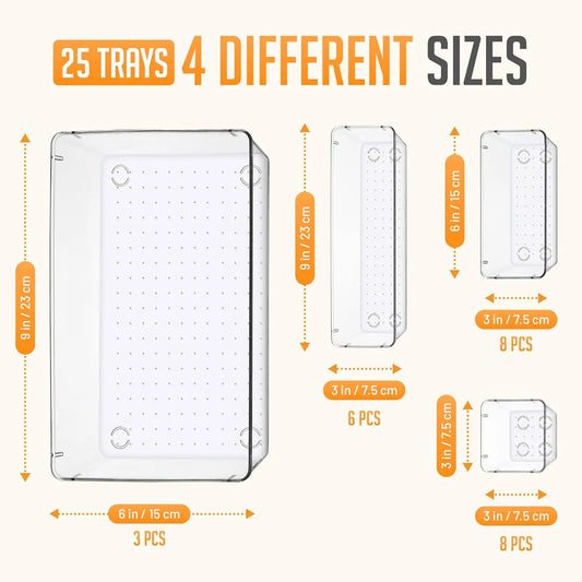 Masirs 25-Piece Multi-Size Modern Drawer Organizers Set - Plastic Storage Boxes with Adjustable Dividers, Compartments, Open Storage Bins - Modular, Stackable, Non-Slip Trays for Desk, Kitchen