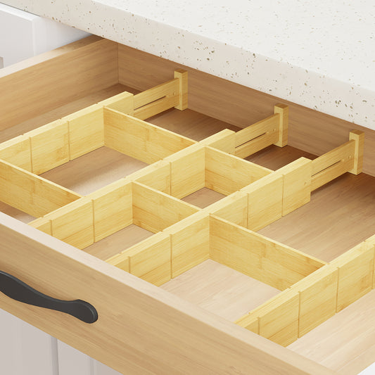Kitchen 4 Dividers with 9 Inserts Bamboo Drawer Separators, Including Inserts And Tags, Adjustable Drawer Organizers, Extendable Organization for Home, Office, Dressers for Shop/Retail Store