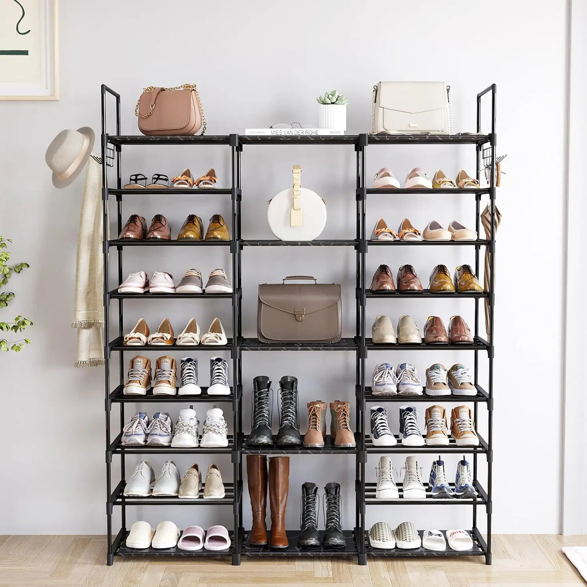 MOMOK 10-Tiers Shoe Rack Tall Large Capacity 20-24 Pairs Wide Shoe Organizer Sturdy Shoe Shelf for Entryway with Two Hooks Metal Shoe Storage for Closet, Bedroom, Black