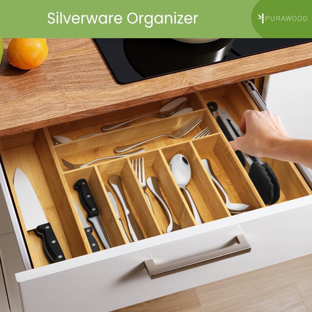 Purawood Bamboo Drawer Organizer - Expandable Silverware Organizer & Utensil Drawer Organizer, Cutlery Tray with Dividers, 7-9 Slots- Kitchen Organizer for Utensils & Flatware (Natural)