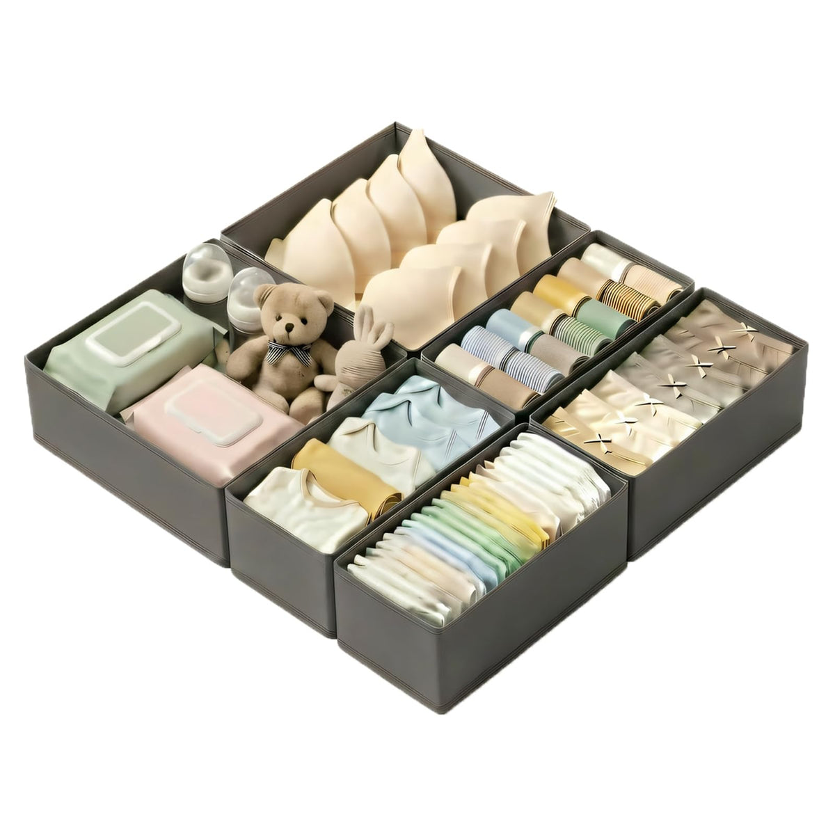 Drawer Organizer for Clothes & Underwear - 4-Pack Fabric Storage Bins with Zipper Bottom | Bra Drawer Organizer & Sock Organizer for Dresser - Foldable Baby Clothes Organizer Set, Grey