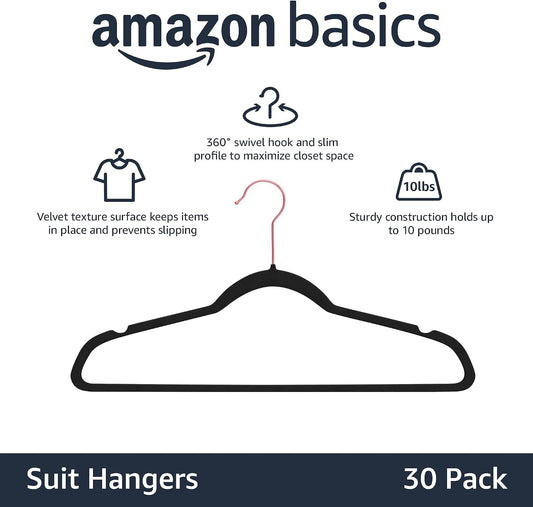 Amazon Basics Slim Velvet Non-Slip Space Saving Sturdy Suit Clothes Hangers, Closet Organizer, Black/Rose Gold, 30-Pack