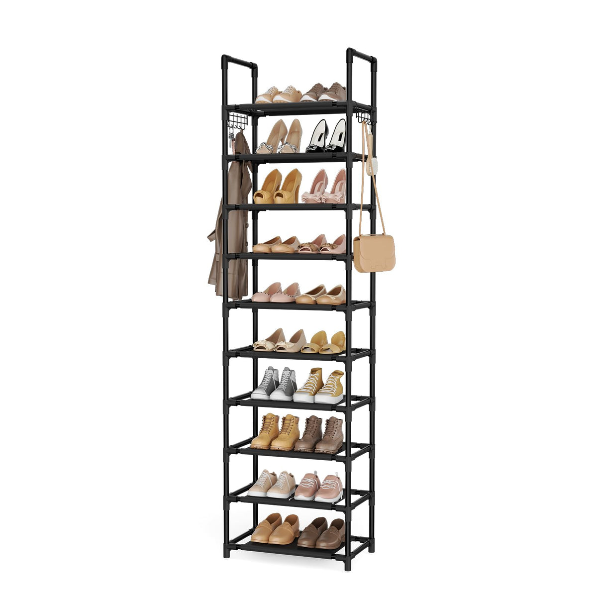 LANTEFUL 10 Tiers Shoe Rack 50 Pairs Large Capacity Tall Shoe Organizer Sturdy Shoe Storage with Two Hooks Space Saving Metal Wide Shoe Rack for Closet, Entryway, Bedroom, Black